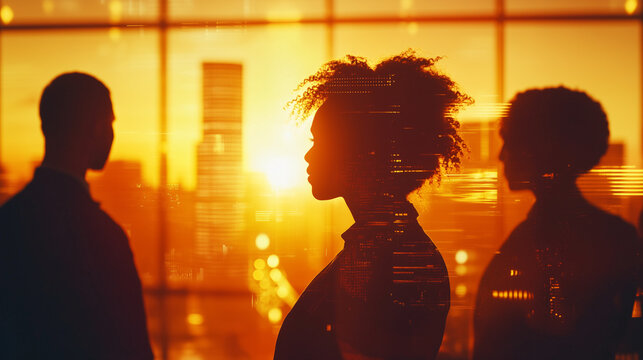 African American professionals silhouetted in sunset-lit office
