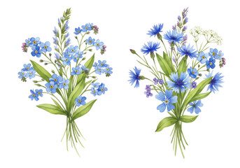 Fototapeta premium Two watercolor bouquets of blue wildflowers including cornflowers and forget me nots tied with green ribbon on a transparent background