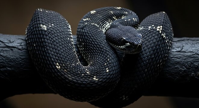 Detailed portrait of a coiled black snake, showcasing its scales and intricate patterns, A study in scales: a captivating black serpent with white markings, a symbol of mystery and power - Powered by Adobe