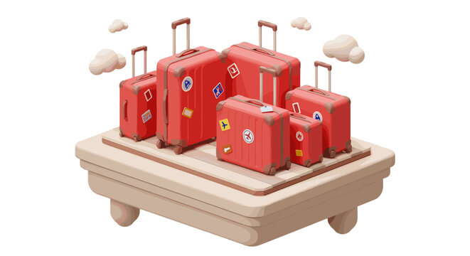 Playful 3d render of vibrant luggage collection on platform with cloud