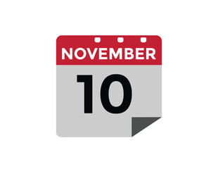 10 November, calendar date icon. 10 November Calendar Date for Deadlines or Appointment. Day, month. vector illustration.
