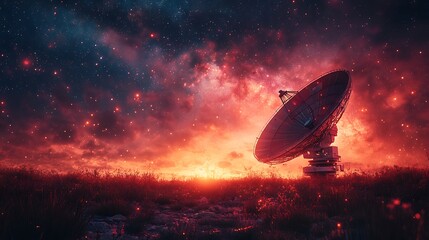 Dramatic night sky photo with satellite dish and fiery red and orange clouds