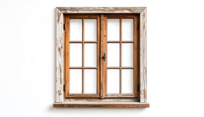 Antique wooden window against a plain white wall
