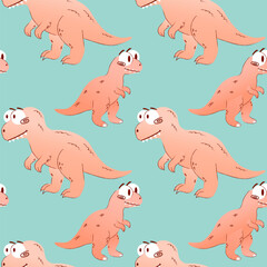 Seamless pattern featuring cartoon dinosaurs in different poses. Dinosaurs pink with light spots on light blue background. Vector illustration