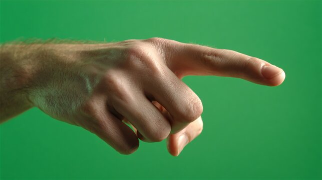 Close-up showcasing a realistic human hand isolated on green screen, the index finger extended in a clear pointing direction