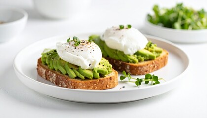 Minimalist Breakfast with Avocado Toast and Poached Egg on White Plate
