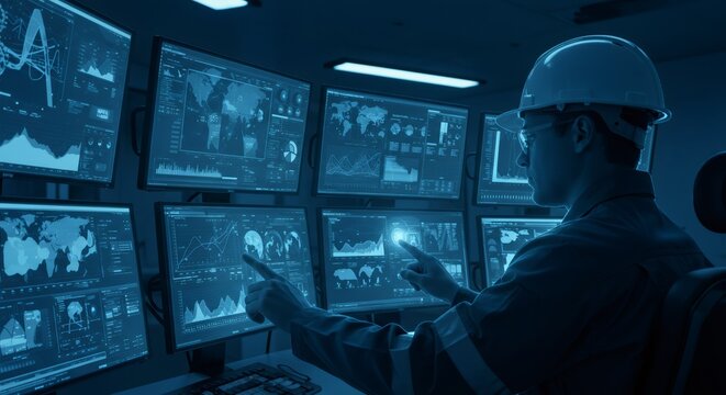 Male engineer working in a modern industrial control room, monitoring data on multiple screens. Supervisor manages system processes. - Powered by Adobe