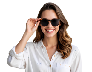 Smiling young woman wearing sunglasses and a summer shirt – casual fashion look, transparent background.