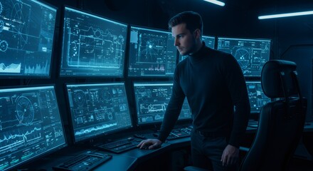 Male engineer monitoring multiple screens with data analysis. Cyber security operator in a dark control room. Advanced technology for smart communication systems.