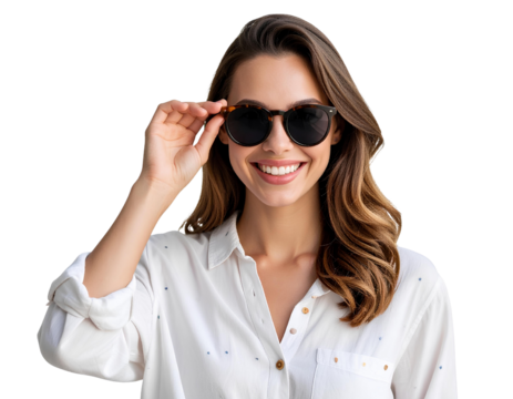 Smiling young woman wearing sunglasses and a summer shirt – casual fashion look, transparent background.