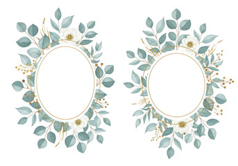 Elegant floral frames with eucalyptus leaves and white flowers perfect for invitations and announcements isolated on transparent background