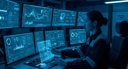Woman engineer working in dark room with multiple monitors, controlling complex industrial system, using advanced technology and futuristic interface for urban communications.