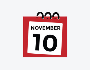 10 November, calendar date icon. 10 November Calendar Date for Deadlines or Appointment. Day, month. vector illustration.
