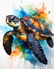 A Sea Turtle Swimming in Vibrant Watercolor Art Description: An artistic watercolor illustration of a sea turtle gracefully swimming. 