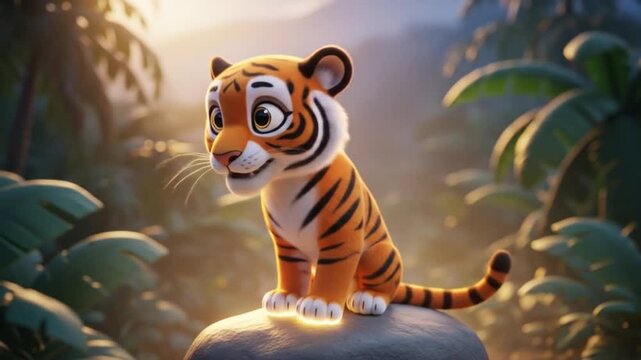 Cute cartoon tiger cub sitting on a rock in lush jungle habitat scene