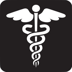 White caduceus symbol on black rounded square representing medicine and healthcare services sign