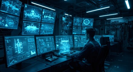 Male engineer working at control room, monitoring communication systems. Industrial plant operations and urban infrastructure management.