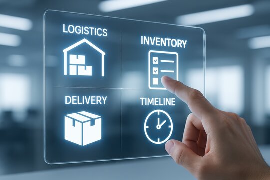 Fingertip interacts with glowing digital interface showing logistics, inventory, delivery, and timeline icons in a modern office.