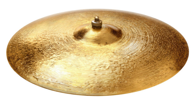 Gold-toned cymbal, circular, with hammered texture