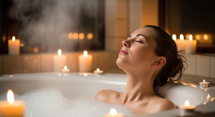 Woman Relaxing in Bathtub with Candles, Spa Atmosphere