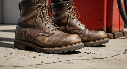 Worn Leather Work Boots on Concrete, Close-Up View.