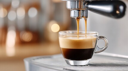 Espresso shot pulling from dual boiler machine, showcasing rich crema and luxurious lighting in an upscale coffee setting