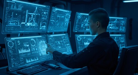 Male engineer working on industrial control panel with multiple monitors showing data diagrams and 3D models for urban communications system.
