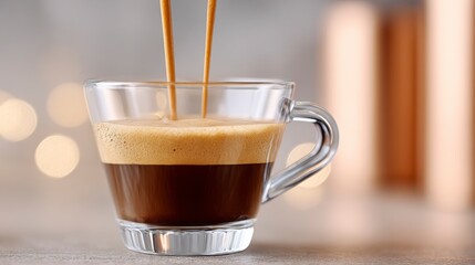 Espresso shot cascading from dual boiler machine captures rich crema in moody cafe lighting