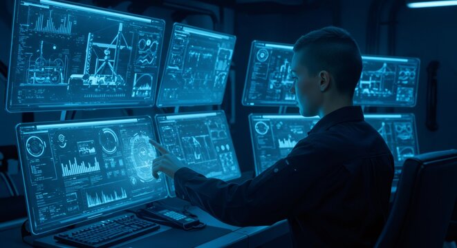 Male engineer working on industrial control panel with multiple monitors showing data diagrams and 3D models for urban communications system.