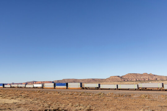 American intermodal train passes through desert environment