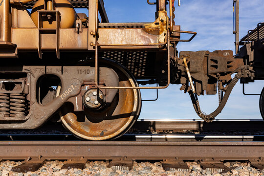 Close-up detail of freight cars coupled together