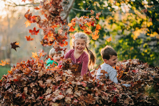 Children throwing colorful autumn leaves in the air
