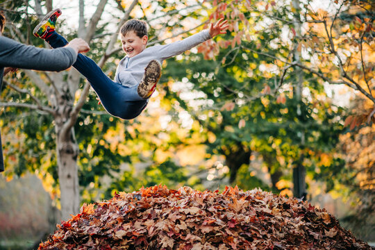 Father throwing son over pile of leaves in autumn