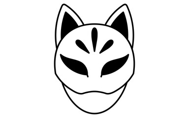 狐のお面をかぶった子どものシンプルな線画イラスト、夏のイラスト、白黒