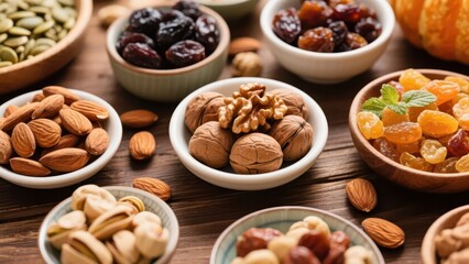 Obraz premium Various nuts and dried fruits are placed in wooden bowls on a wooden table, creating a healthy and delicious snack feast atmosphere.