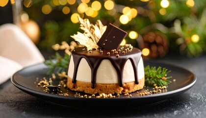 Artisanal Dessert with Chocolate Drizzle and Gold Leaf Garnish 