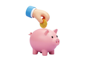 Isolated Piggy Bank with Hand Inserting Coin