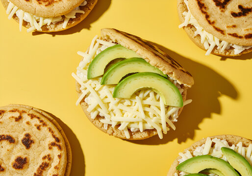 Top-down view of arepas topped with cheese and avocado