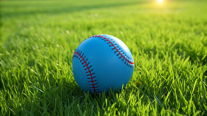 A bright blue baseball rests on a vibrant green grassy field with a soft sun flare in the background