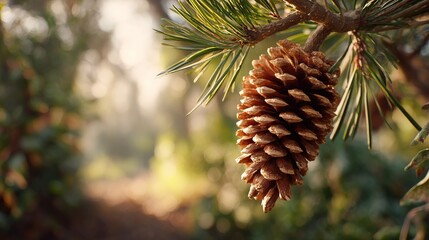 Close up of  pine cone hanging from  branch with soft bokeh background