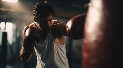 fit man wearing boxing gloves hits  punching bag in  dimly lit gym Fitness