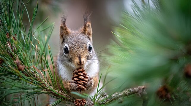 Close up of red squirrel holding pinecone amidst green pine needles Animal