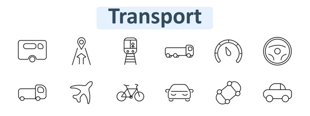 Transport set icon. Trailer, map pin, train, truck, gauge, steering wheel, airplane, bicycle, car, navigation link in clean outlined format