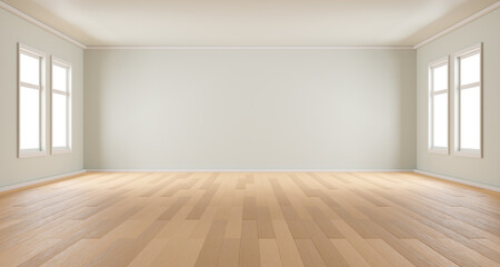 white empty room interior with wooden floor and window. Modern design element for product presentation. Empty interior of living room, 3d render