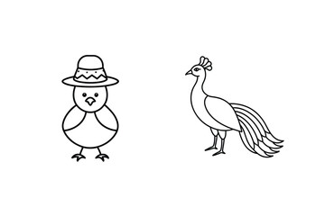 Chick wearing hat and peacock bird drawing