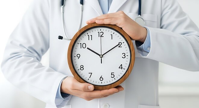 Doctor holds a clock highlighting the critical importance of time in medical care and treatment