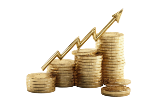 Gold coins stacked in a rising graph, with a golden upward arrow
