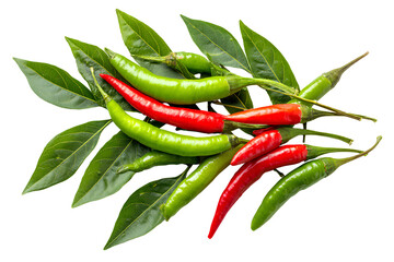 Fresh red and green chili peppers with leaves isolated on transparent background