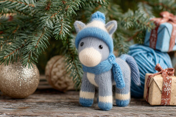Small beautiful happy horse in knitted blue hat and knitted blue scarf. Horse near the Christmas tree with gift boxes under it. Christmas card. Marry Christmas and Happy New Year