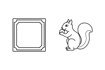 Stylized squirrel holding nut next to decorative square frame